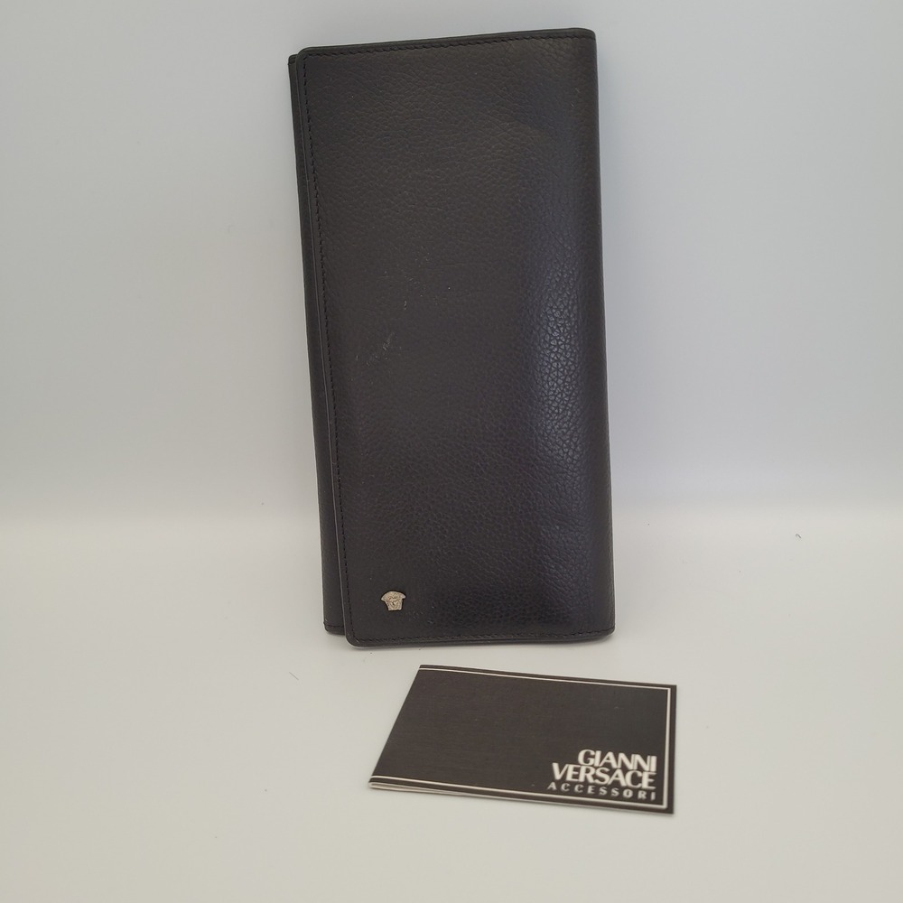 Gianni Versace Black Pebbled Leather Long Bifold Wallet Medusa Logo Italy